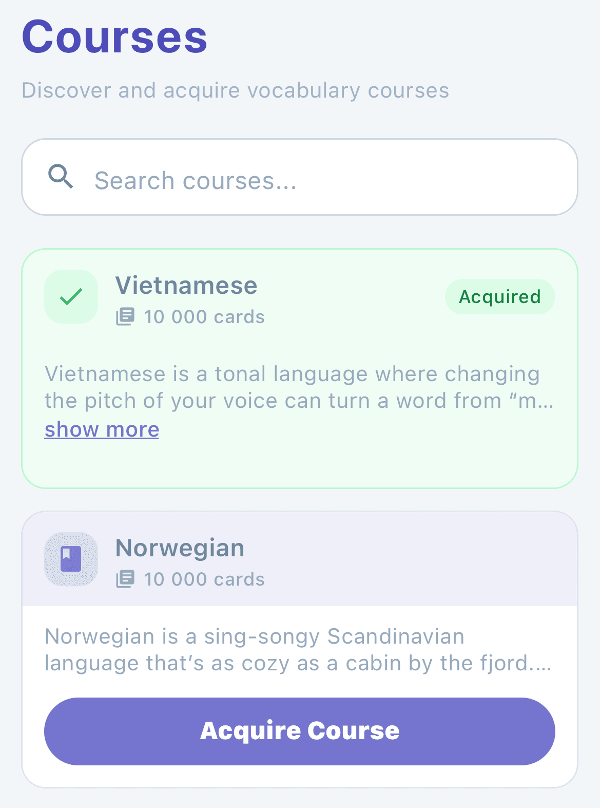 Courses selection screen displaying available language courses with word counts and learning progress indicators